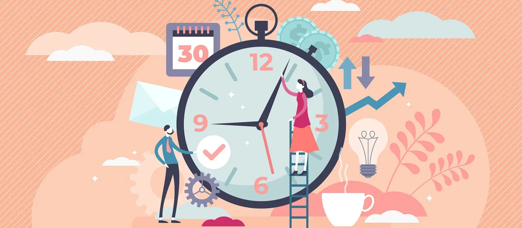 Digitally illustrated graphic featuring a clock. Women on a ladder holding a clock hand and man on the left side looking at the clock. Background features a pink background with a calendar, arrows to show growth, light bulb and coffee cup.