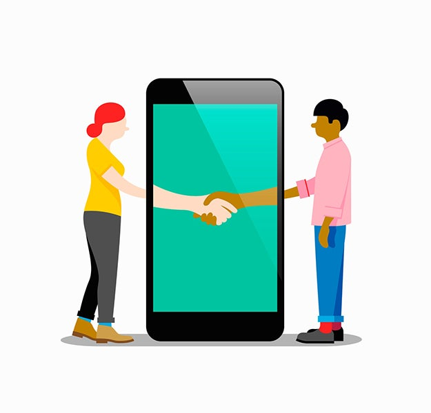 Illustration of two people shaking hands with a large smartphone between them.