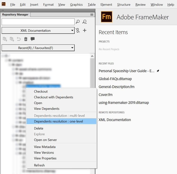 The screenshot shows the Adobe FrameMaker (2019 release) Context Menu for a file in a remote repository (XML Documentation for Adobe Experience Manager with the two new options “Dependents resolution: multi-level” and “Dependents resolution: one-level”.