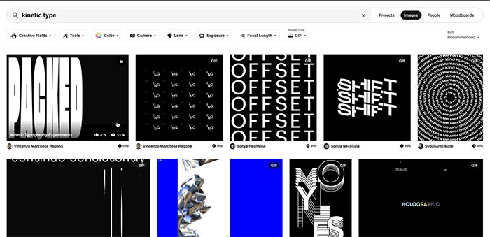 GIF image search results on Behance for the query 'kinetic type'.