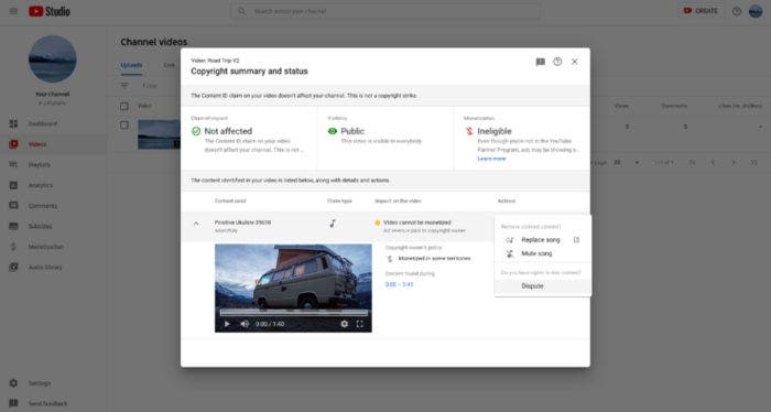 Screenshot of Youtube video channel backend