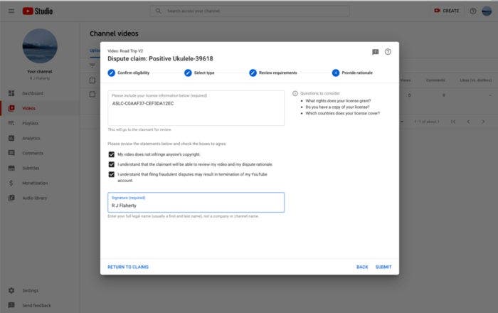 Screenshot of Youtube video channel backend