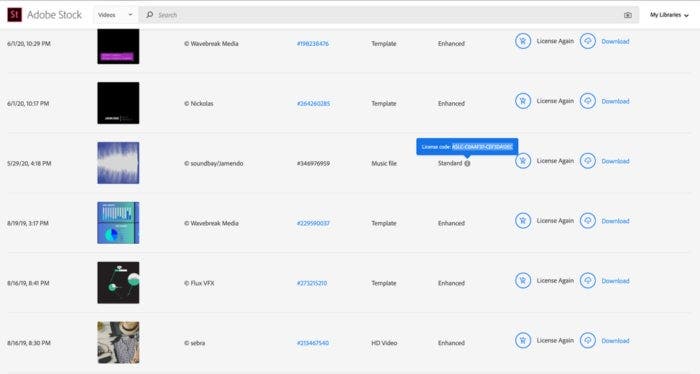Adobe Stock audio list on the site