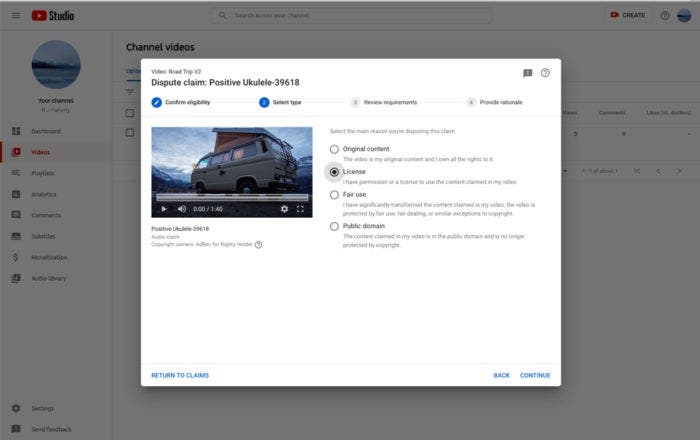 Screenshot of Youtube video channel backend