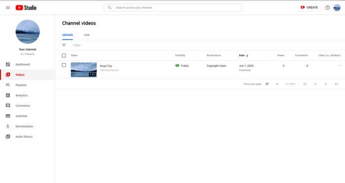 Screenshot of Youtube video channel backend
