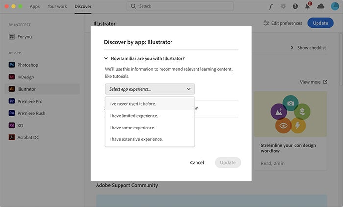 Setting the expertise level for content discovery in the Adobe Creative Cloud Desktop app.