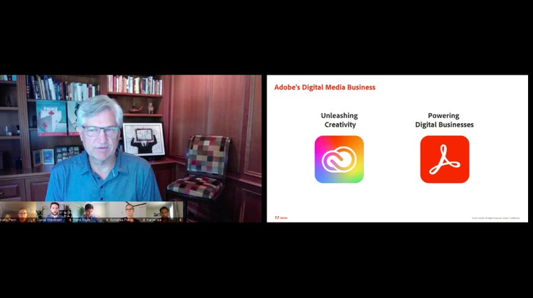 A screenshot of Bryan Lamkin presenting about Adobe's Creative Cloud and Document Cloud strategy.