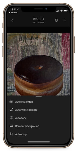 Some of the image edit options in the Adobe Creative Cloud Mobile app include auto straighten, white balance, tone, crop and remove background.