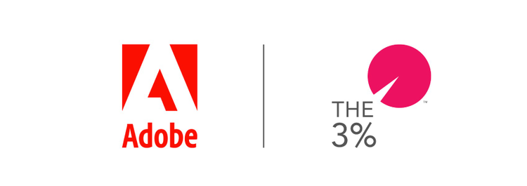 Adobe red logo on the left with The 3 Percent pink logo on the right, white background.