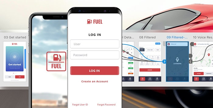 Sample work from a fuel app designed by Perficient Digital using Adobe XD.