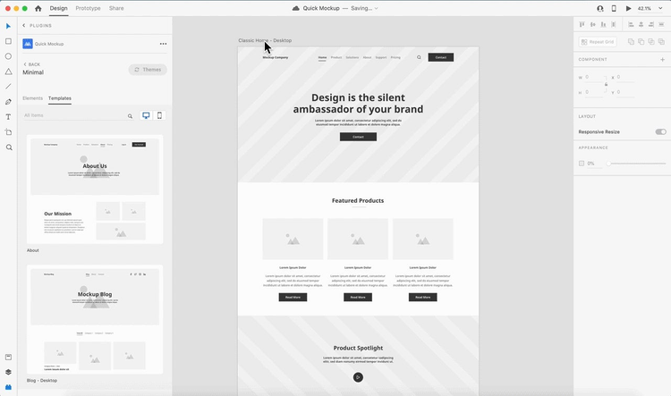 Changing the theme of a premade template using the Quick Mockup plugin in Adobe XD.