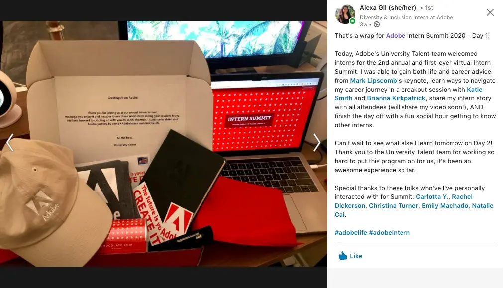 Diversity & Inclusion Intern Alexa Gil shows off her Adobe package from Intern Summit.
