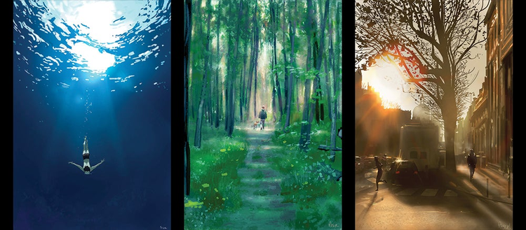 3 LightBox examples: swimmer, walking in woods, walking in city