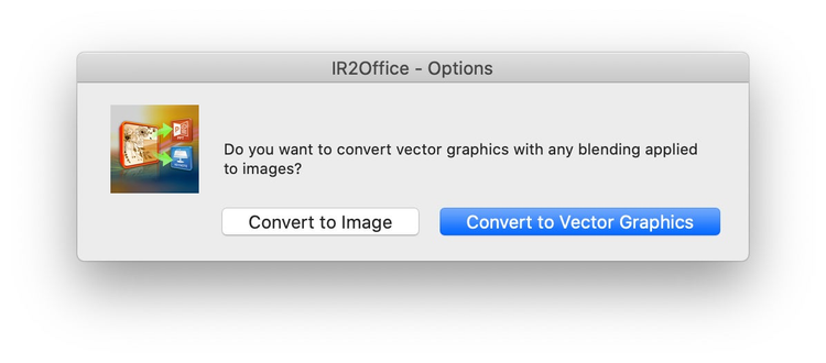 The IR2Office confirmation window when exporting from Illustrator to PowerPoint on how to deal with blends.