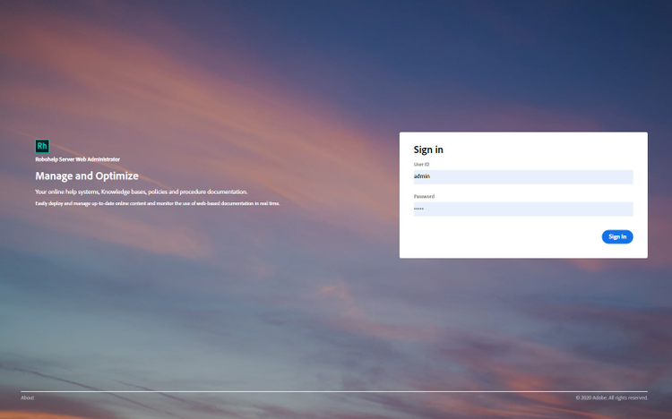 Adobe RoboHelp Server Web Administrator – Web Login