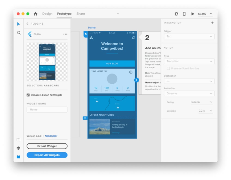 With an artboard selected in Adobe XD the Flutter plugin provides options for exporting it as a Flutter Widget.