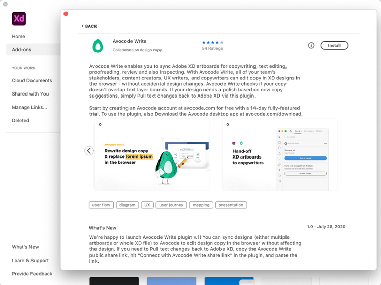 The Avocode Write plugin installation and overview page in the Adobe XD plugin manager.