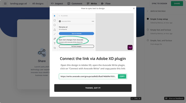 Instructions for syncing Avocode text to designs in Adobe XD.