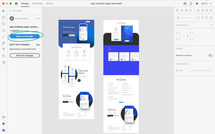 The 'Sync to Avocode' button is highlighted in the plugin panel of an Adobe XD project.