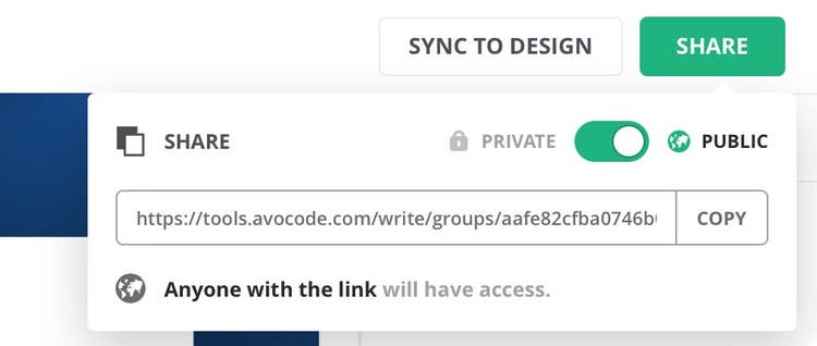 Generating a public, shareable link in the Avocode desktop app.