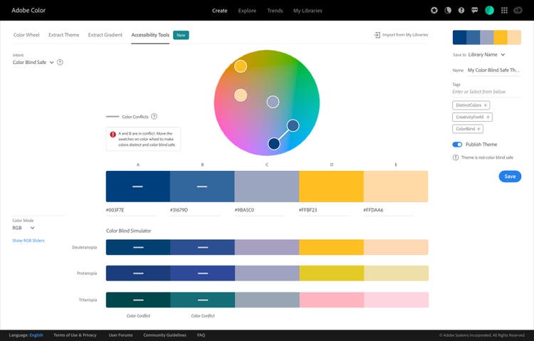 Adobe Color interface with the color blind safe feature opens showing the color palette with five colors, which are labeled left to right as A, B, C, D, and E. The five colors appear in a color spectrum wheel with A and B highlighted with a white line between them indicating a color conflict. Text on the left notes that the colors A and B are in conflict. At the bottom of the interface screenshot, the color palette is show under Color Blind Simulator, which repeats the color palette simulated for Deuteranopia, Protanopia, and Tritanopia. Colors A and B have a white line in the middle to indicate a color conflict. The interface shows the Create page within Adobe Color and along the sub navigation bar are the options: Color Wheel, Extract Theme, Extract Gradient, Accessibility Tools. Accessibility Tools is selected.