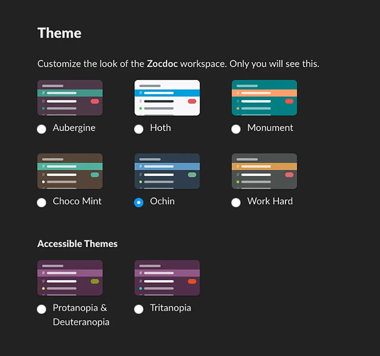 Screenshot of Slack color themes
