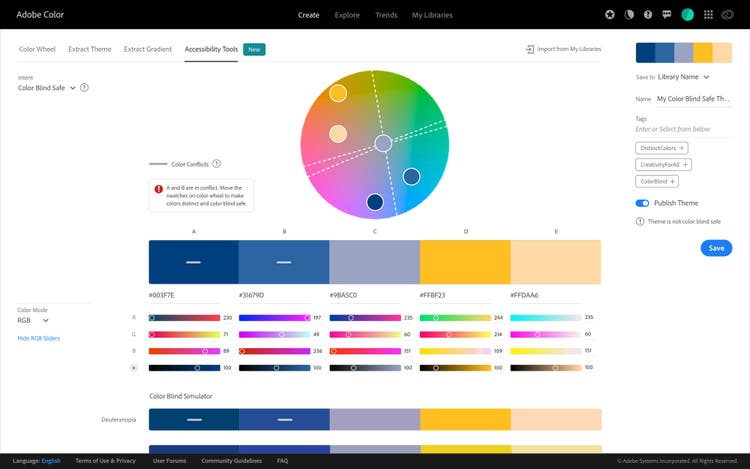 Adobe Color interface with the color blind safe feature open showing a color palette with five colors, which are labeled left to right as A, B, C, D, and E. The five colors appear in a color spectrum wheel. There are three white dashed lines or Conflict Guides which divide the color spectrum wheel. They indicate the direction in which the color swatch circles or pucks should be moved to make the colors distinct enough to solve the conflicts. Text on the left notes that the colors A and B are in conflict. Below the five color palette, each color has a color mode slide for Red, Green, Blue, and brightness. The interface shows the Create page within Adobe Color and along the sub navigation bar are the options: Color Wheel, Extract Theme, Extract Gradient, Accessibility Tools. Accessibility Tools is selected.