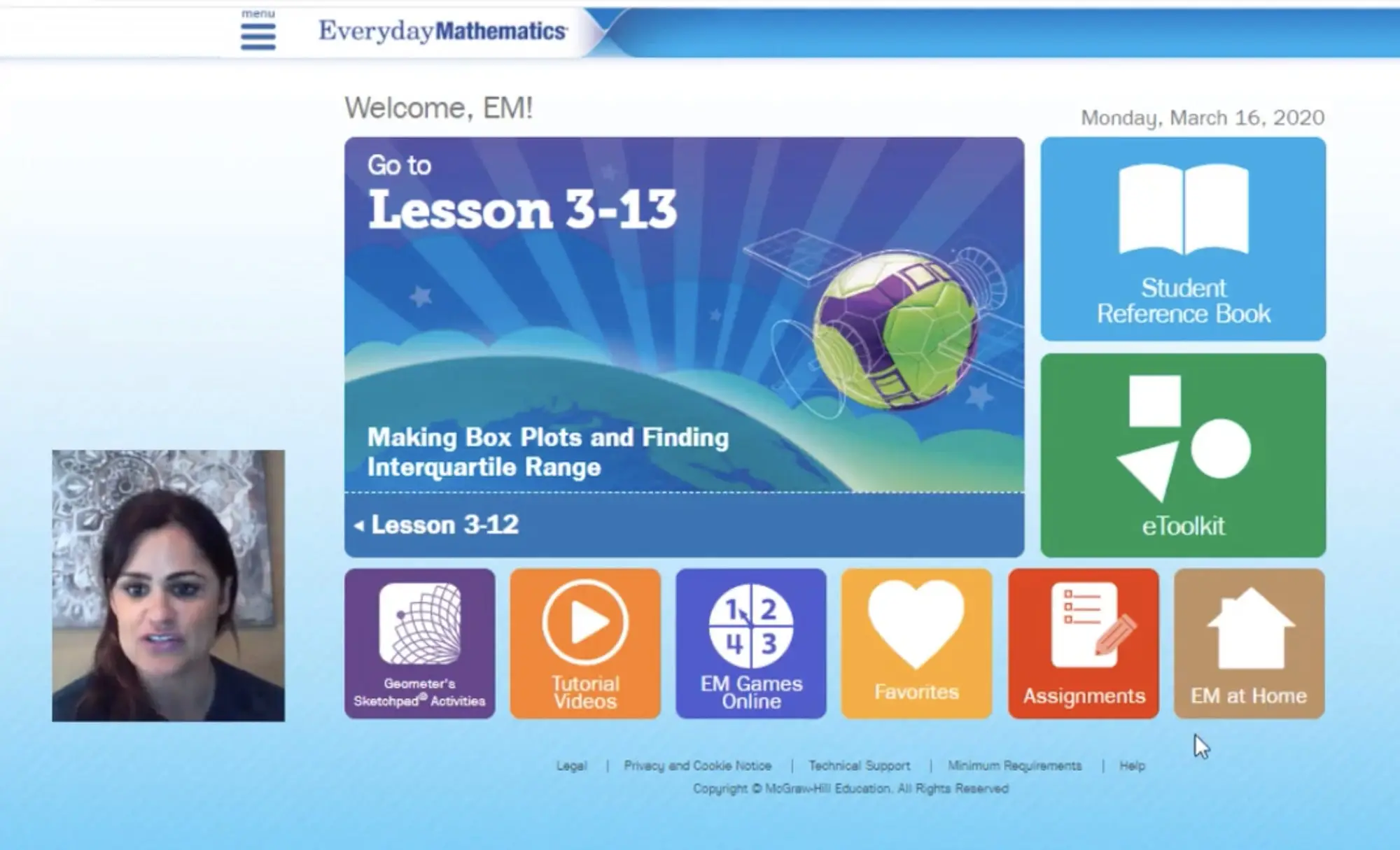 Screenshot of the Everyday Mathematics online learning portal
