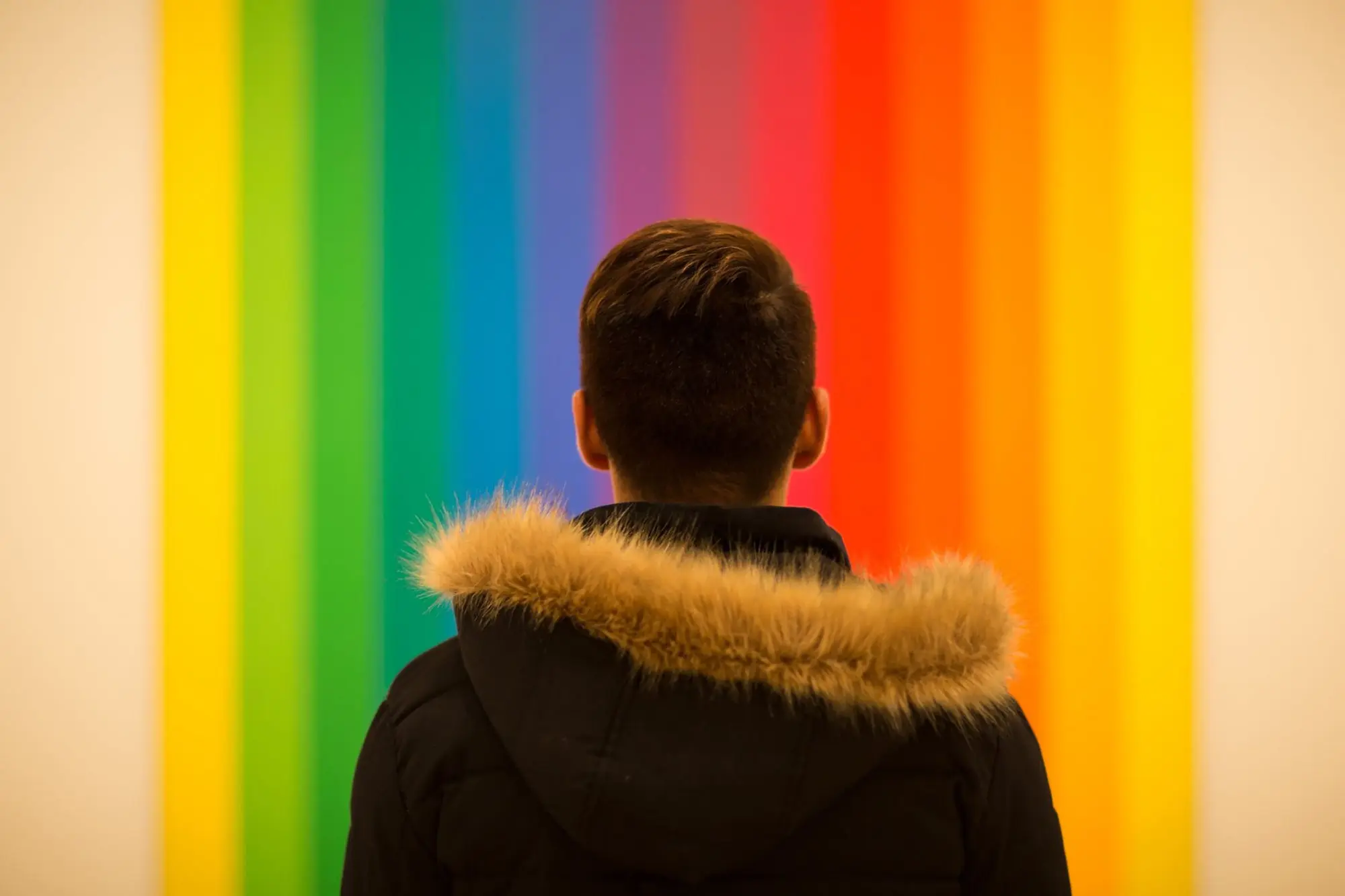 Person's back standing in front of a rainbow gradient 