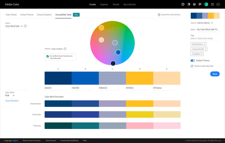 Adobe Color interface with the color blind safe feature open showing a color palette with five colors, which are labeled left to right as A, B, C, D, and E. The five colors appear in a color spectrum wheel with new shades of colors for A and B, which are no longer highlighted or in conflict. Text on the left notes “no conflict are found. Swatches are color blind safe.” The color conflict was solved by moving away the color swatch circles or pucks of A and B, and making the color shades more distinct from each other. The white line indicating color conflict is gone to affirm that the conflict is solved on the color wheel as well as in the color blind simulator. At the bottom of the interface screenshot, the color palette is show three times with the Color Blind Simulator, which repeats the color palette simulated for Deuteranopia, Protanopia, and Tritanopia. The interface shows the Create page within Adobe Color and along the sub navigation bar are the options: Color Wheel, Extract Theme, Extract Gradient, Accessibility Tools. Accessibility Tools is selected.
