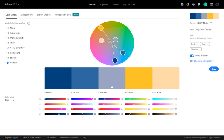 Adobe Color interface showing a color palette with five colors. The five colors appear as circles or pucks within a color spectrum wheel. The interface shows the Create page within Adobe Color and along the sub navigation bar are the options: Color Wheel, Extract Theme, Extract Gradient, Accessibility Tools. Color Wheel is selected.