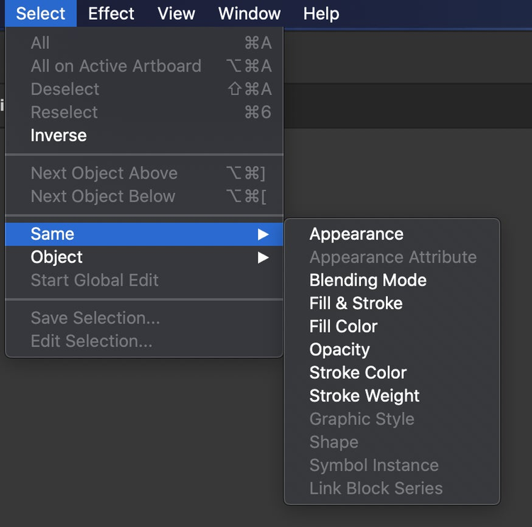 Select>Same> showing on Illustrator