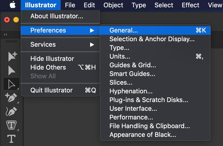 Illustrator>Preferences>General selected on Illustrator