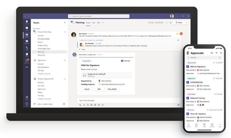 Simulated image of Adobe Sign in Microsoft Teams Approvals.