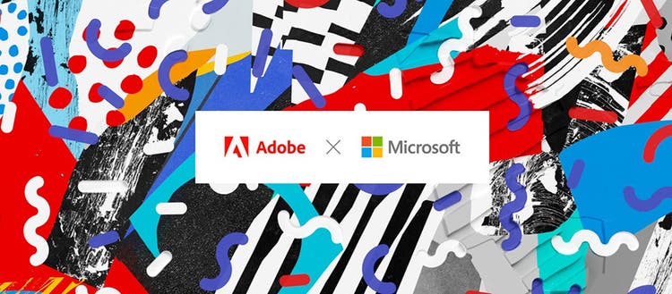 Adobe and Microsoft logos on an abstract background.