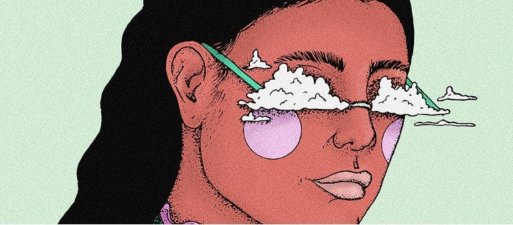 Artwork of woman with "cloud glasses" on.