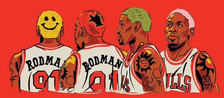 A GIF of a rotating Dennis Rodman illustration deconstructed into a static image.