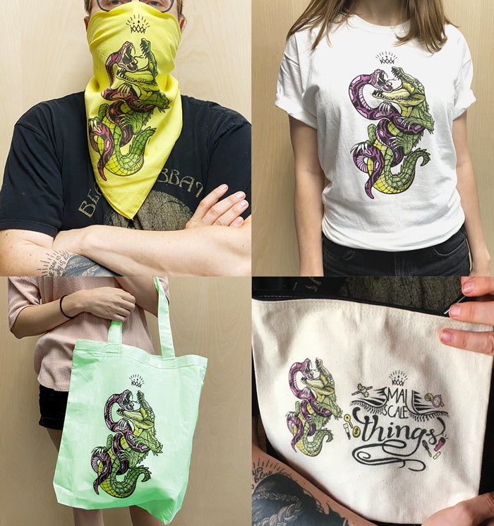 Examples of bandana, shirt and totes made with unique designs.