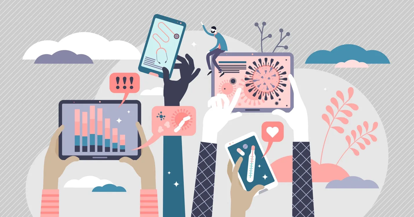A cartoon image depicting healthcare industry graphics and charts