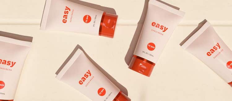 A 3D product mockup for easy, a fictional sunscreen brand.