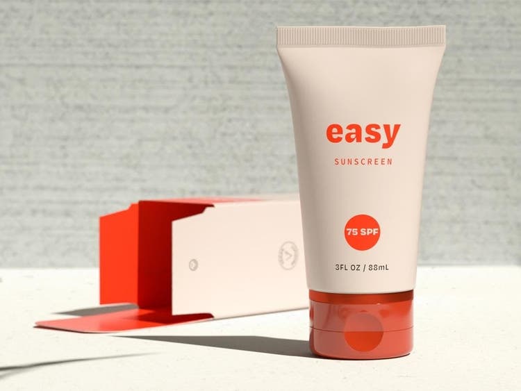 A 3D product mockup for easy, a fictional sunscreen brand.