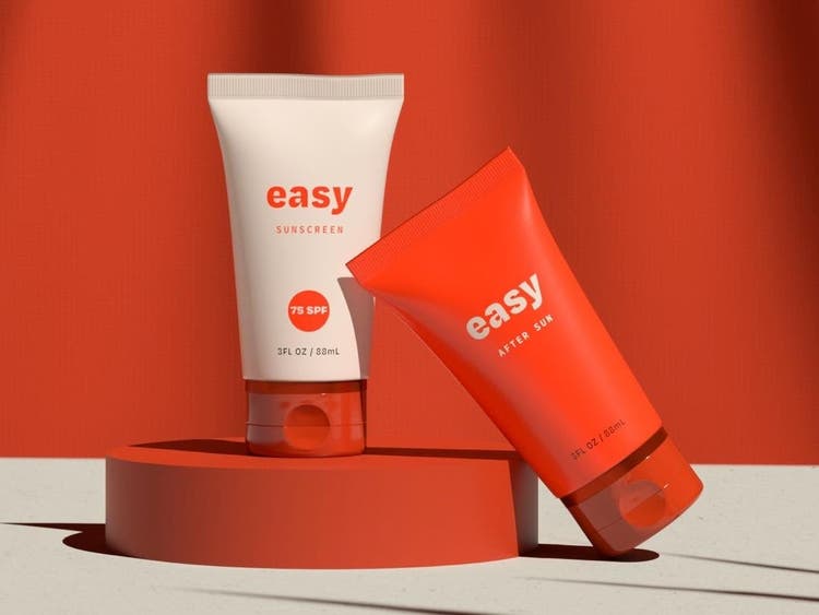 A 3D product mockup for easy, a fictional sunscreen brand in red and white bottle variants.