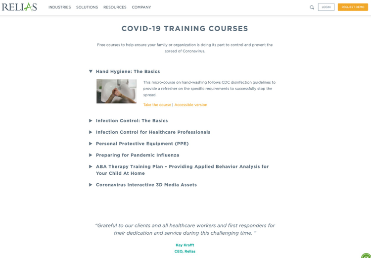 A screenshot of the COVID-19 resource page that was created with Adobe Commerce Cloud technology stack