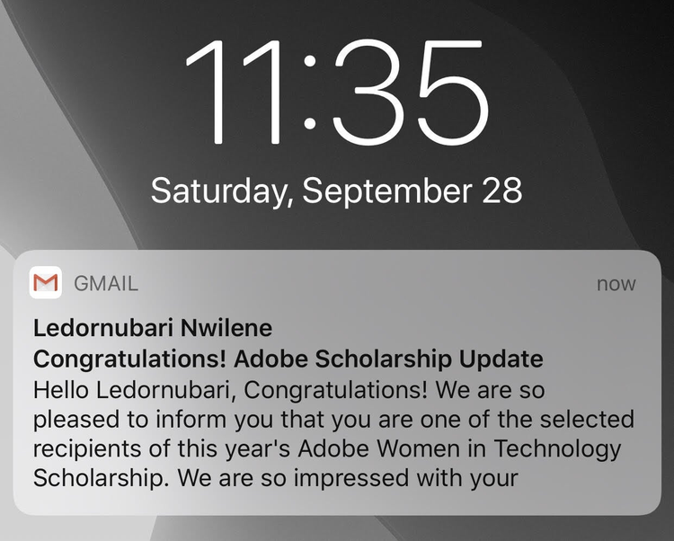 A screenshot of Ledornubari's email notification telling her she received the scholarship.