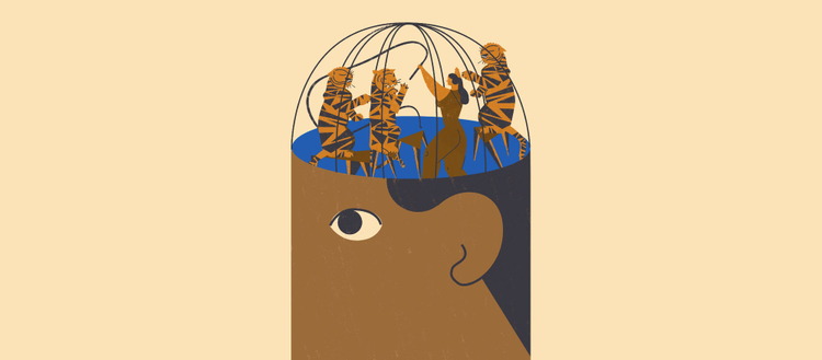 Illustration of a person managing stress in their brain, with stress being represented as tigers.