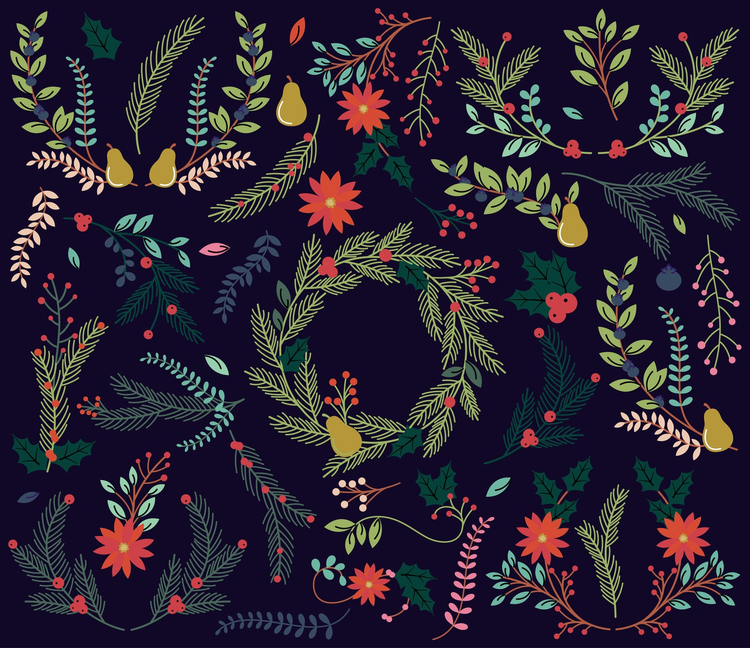 Illustration of plants, flowers and wreath