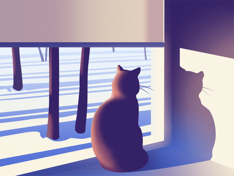 Illustration of cat looking out window at snow and sparse trees