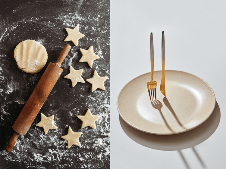 2 images: left is pastry dough in shape of moon and stars. Right is an artistic photo of a plate with fork and knife standing on end