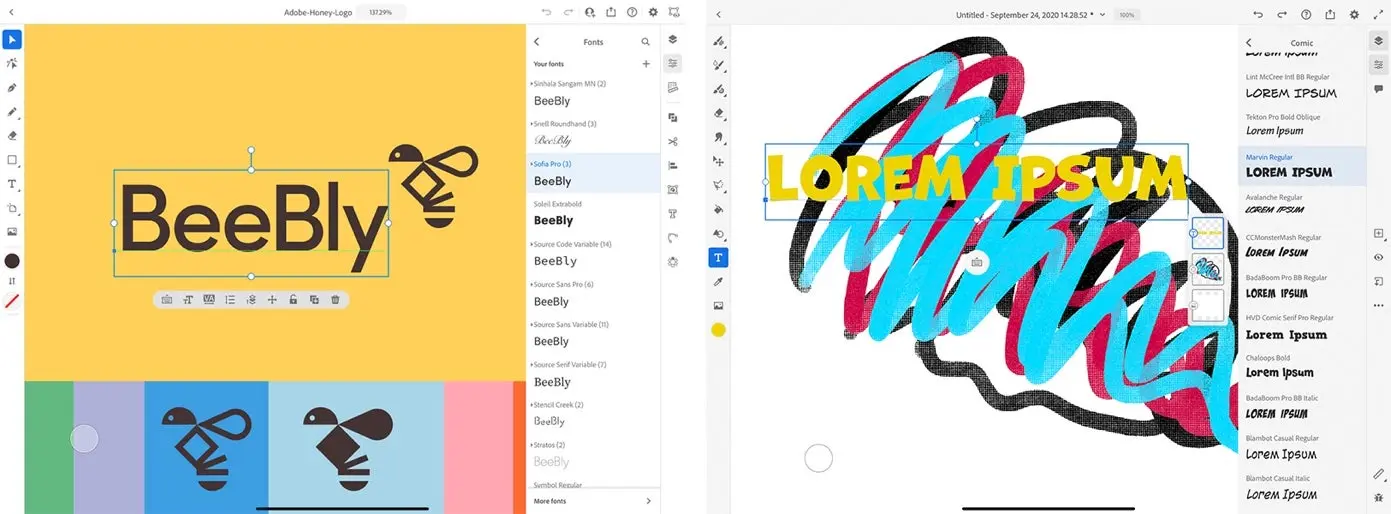 Two images show the font menu and browsing tools in Illustrator on the iPad and Adobe Fresco