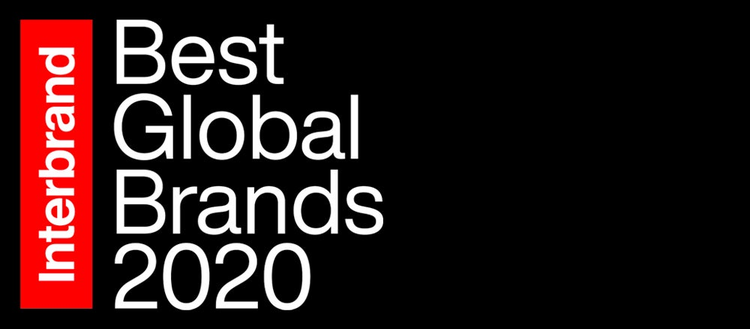 Black image with text on the left written vertically in red and white: Interbrand. In white, text reads Best Global Brands 2020